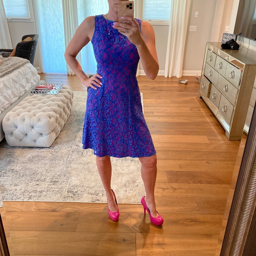 Beautiful purple/blue lace dress with hot pink underlay
